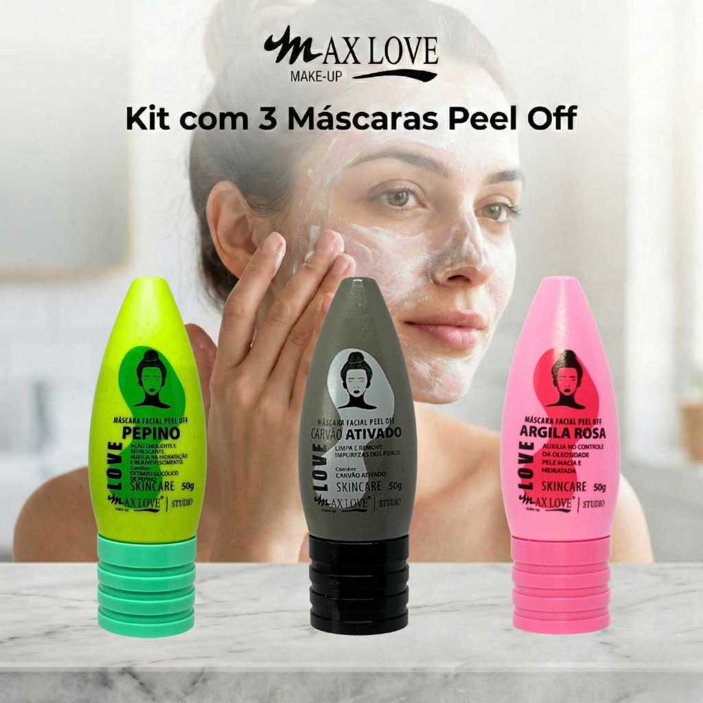 Kit com 3 Máscaras Peel Off - Pepino, Carvão Ativado, Argila Rosa Max Love