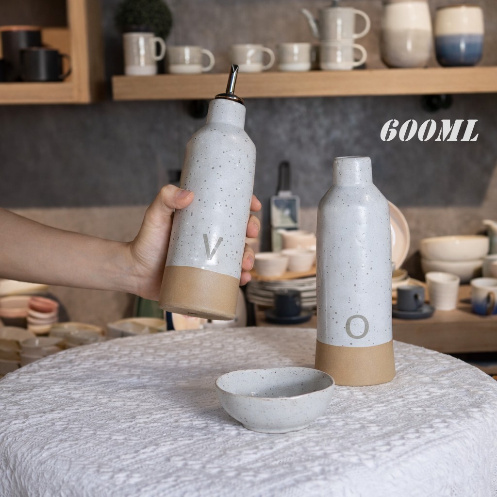 Kit Conjunto Jogo Porta Óleo Vinagre Galheteiro De Porcelana Cerâmica Bege +Tampa Decor Cozinha