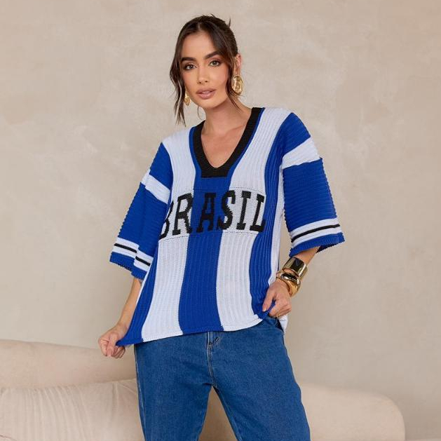 Blusa Tricot Brasil Feminina Manga Ampla Decote V Confortável Premium em Oferta na Shopee