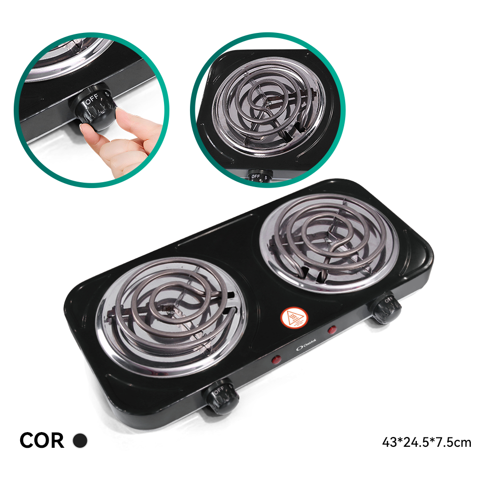 Fogão Elétrico Portátil 2 Bocas 2000W Antiaderente Preto Modelo ON-FE403 45x24,5cm 127V/220V