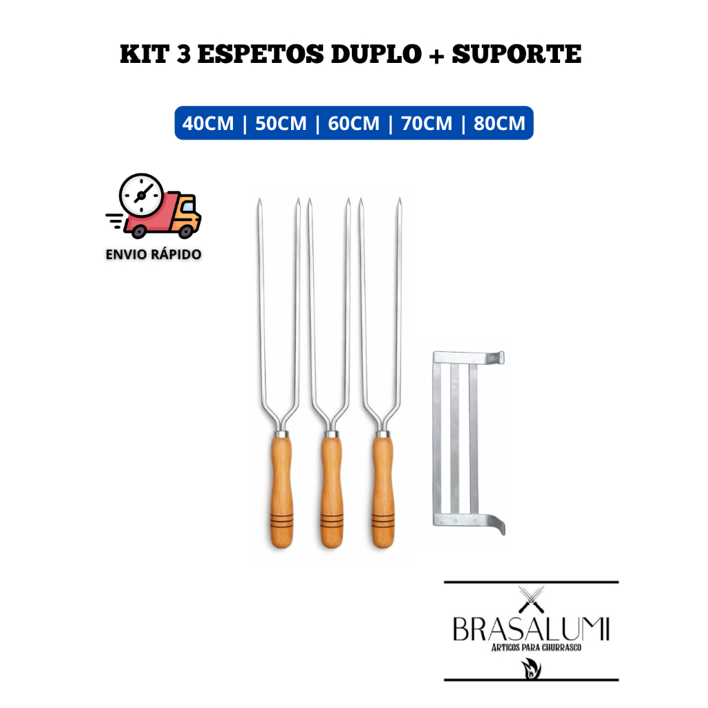 3 ESPETO DUPLO CABO DE MADEIRA + SUPORTE ESPETO 25CM CHURRASCO