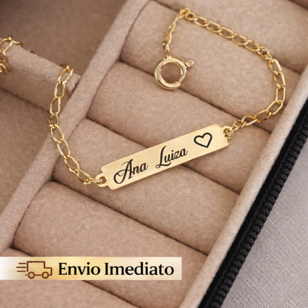 Pulseira Infantil Lisa Personalizada RN Bebê Com Gravação Nome Banhada A Ouro 18k Presente