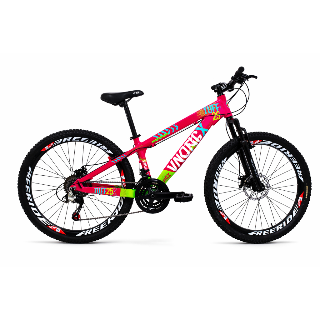 Bicicleta VikingX TUFF25 Freeride Aro 26 Freio a Disco 21 Velocidades Cambios Shimano Rosa com Verde
