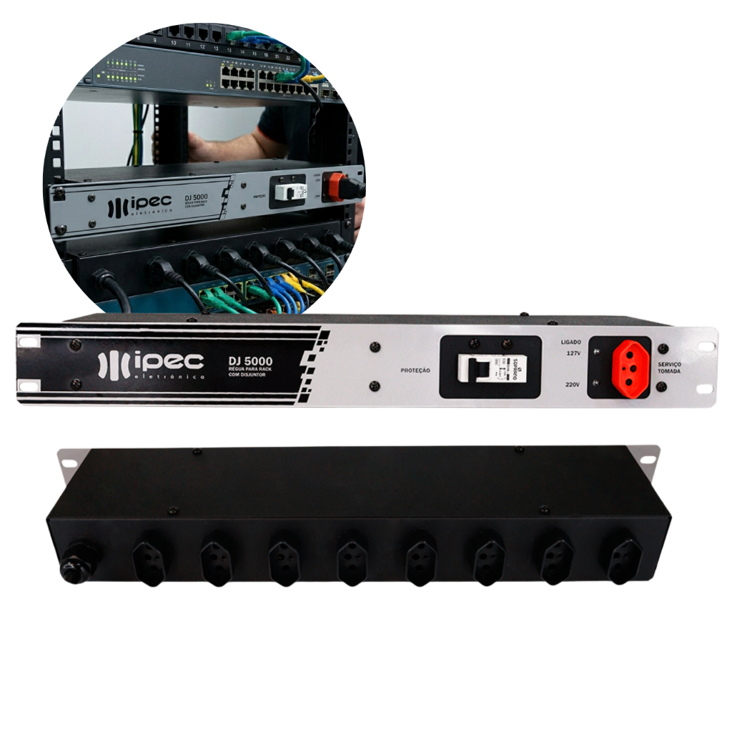 Régua De Energia Para Rack 19 Com 8 Tomadas 20A Disjuntor 5000w Cor Preto 127V/220V