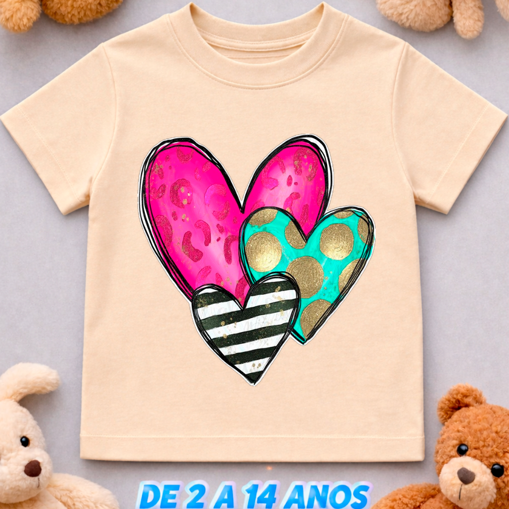 Camiseta Infantil Juvenil Três Corações Algodão Conforto Diário Menina Unissex