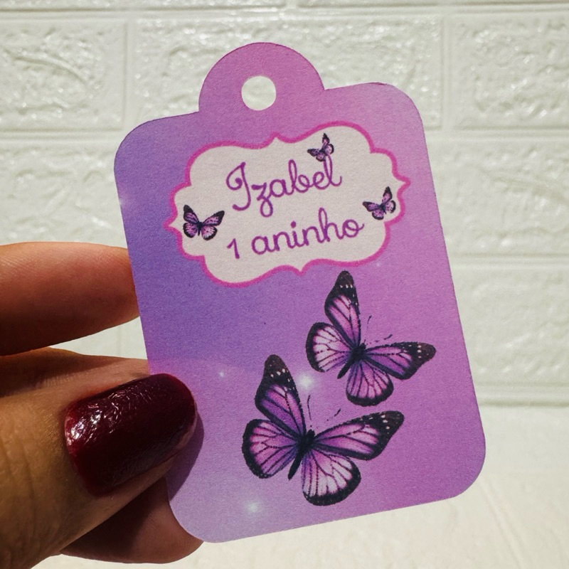 Tag Retangular Jardim das Borboletas Lilás, Jardim Encantado/Tag Lembrancinha Aniversário Personalizada Nome e Idade