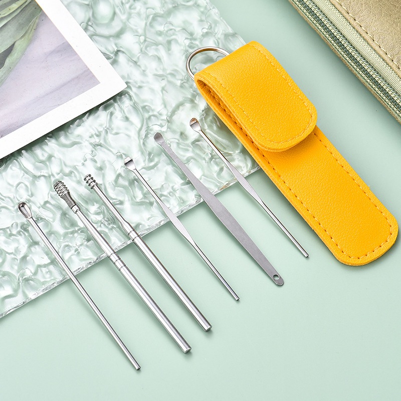 Colher de Remoção de Cera de Ouvido (6 Peças) - Aço Inoxidável, Portátil e Prático para Viagem