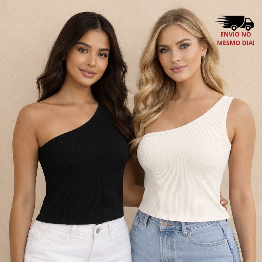 Kit 2 Blusinhas Um Ombro Só Feminina em Ribana Canelada | Look Moderno e Confortável