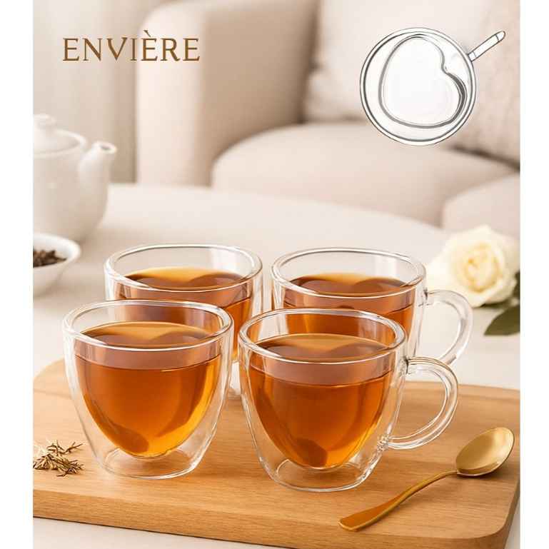 Kit 2 ou 4 Xícaras Vidro Borossilicato Dupla Parede Coração 80ml – Café Expresso e Chá