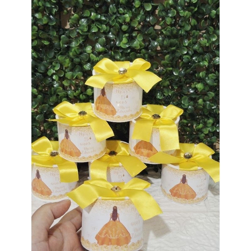Mini Tubolata 5x6 Amarelo Personalizada com Nome, Princesa Debutante, Festa 15 anos, Lembrancinha Festa de Aniversário