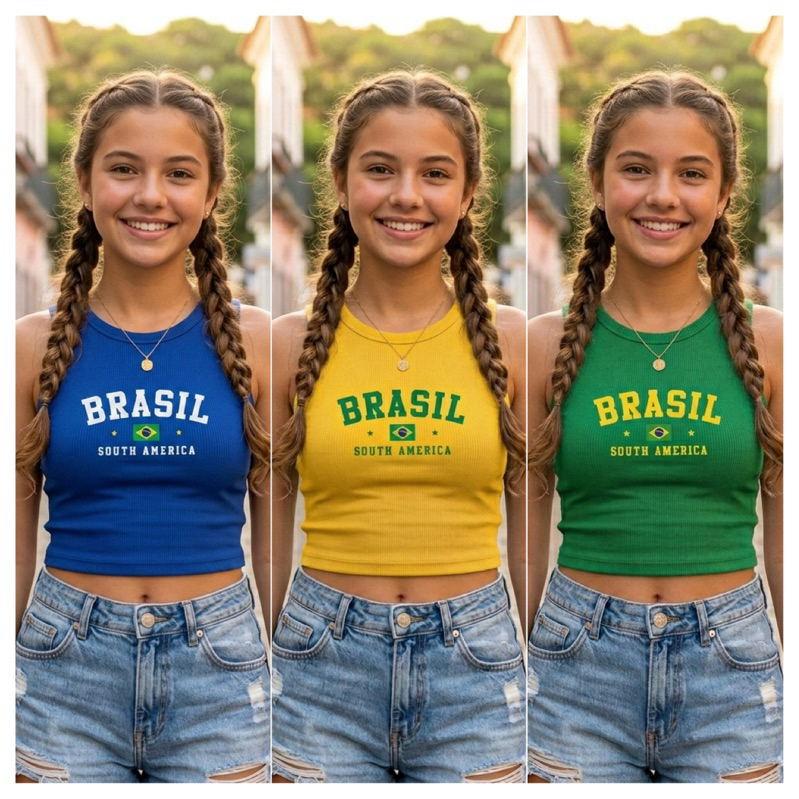 Blusa Regata cropped Juvenil blusinha infantil menina Ribana Brasil Copa do mundo seleção
