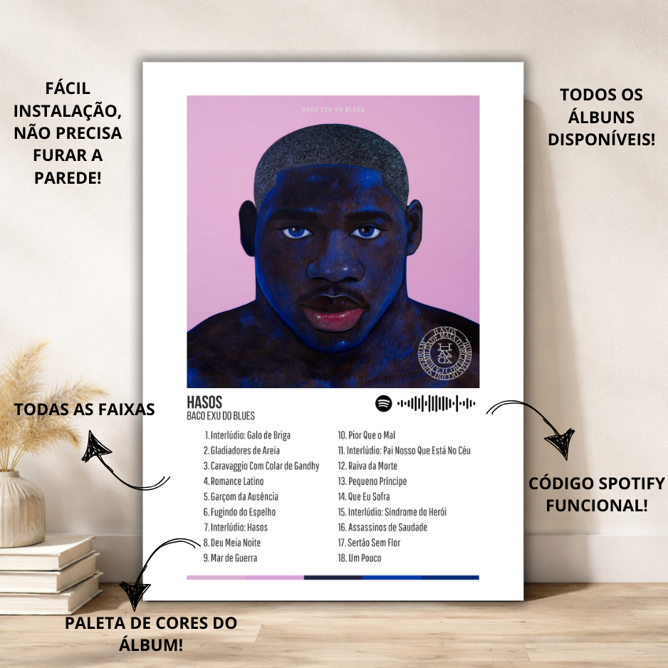 Quadros Placas Decorativas Baco Exu do Blues Álbuns Spotify — Tamanho 20x28 em MDF.