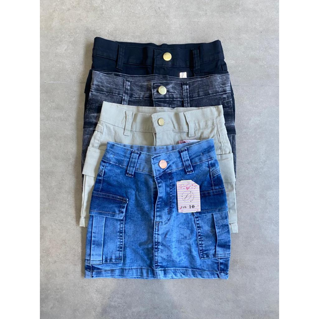 Saia Cargo Jeans Curta Juvenil Infantil 10 ao 16 anos menina com Lycra Bolso na Lateral Cintura Alta Tendência