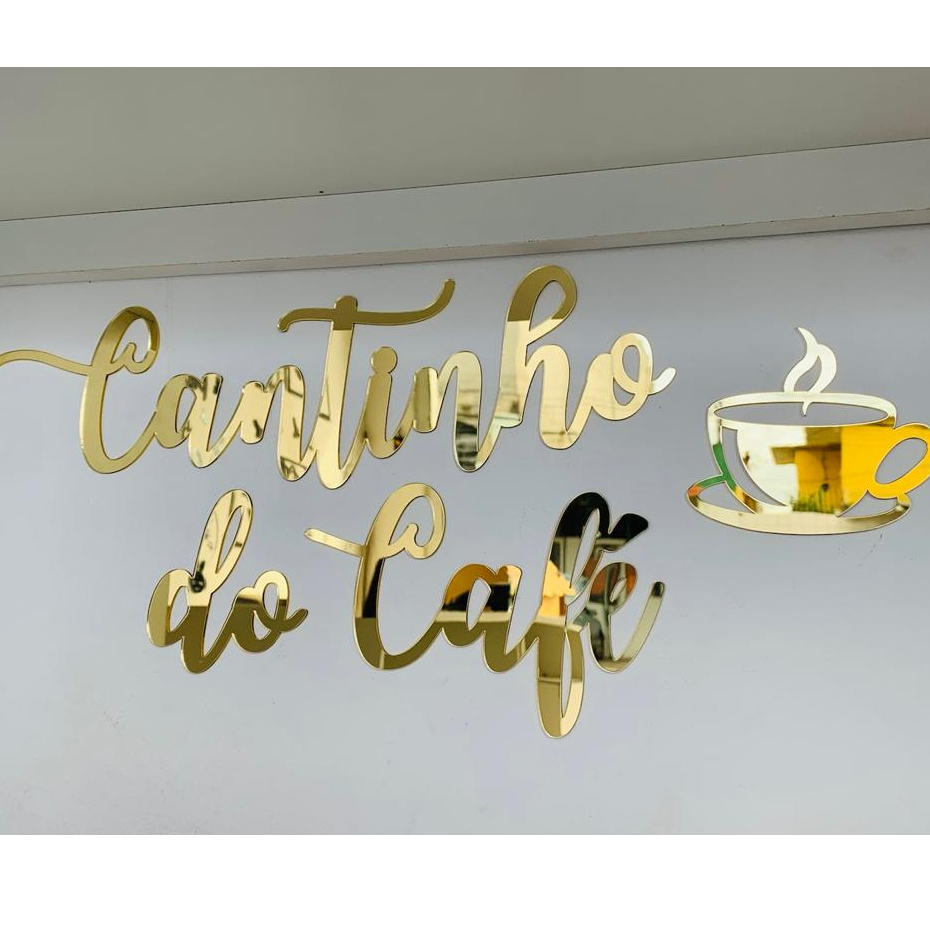 Espelho Decorativo Cantinho do Café Acrílico Rose Gold ou Dourado Xícara Parede Cozinha Sala Moderna