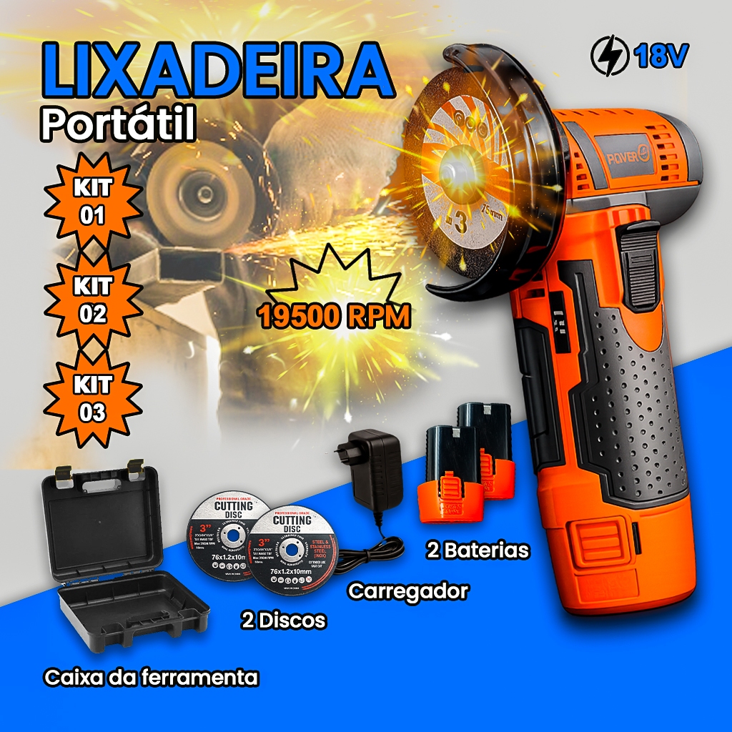 Esmerilhadeira Lixadeira Portátil 18V Recarregável 2 Baterias Bivolt Compacta Mini Profissional