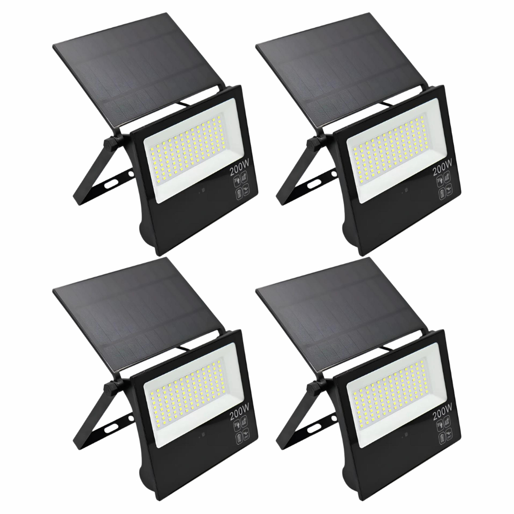 Kit 4x Refletor Solar LED Até 200W IP66 6500K Fotocélula Com Sensor De Movimento Placa Integrada