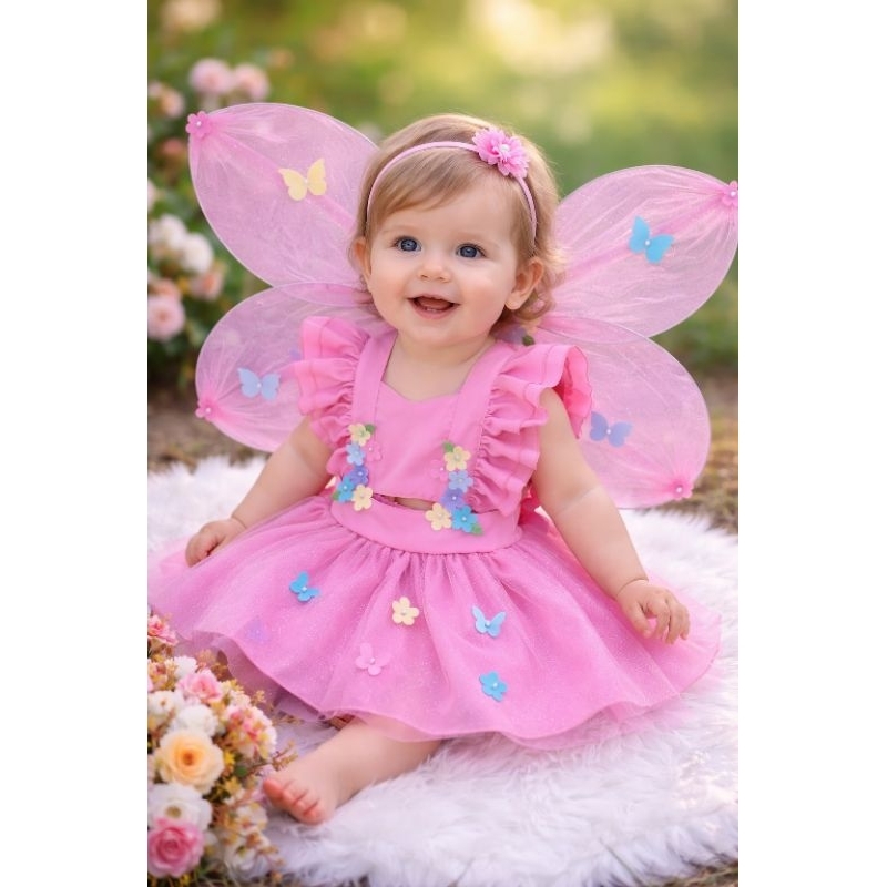 Romper Infantil Jardim Encantado Rosa Luxo com Asa – Fantasia Fadinha Bebê Festa Aniversário Ensaio Fotográfico