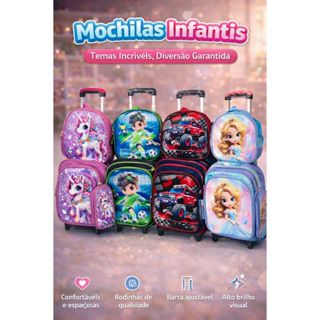 Mochila de Rodinhas + Lancheira + Estojo 3D Com Led Nas Rodinhas Kit Mochila Escolar Menina Menino em Oferta na Shopee