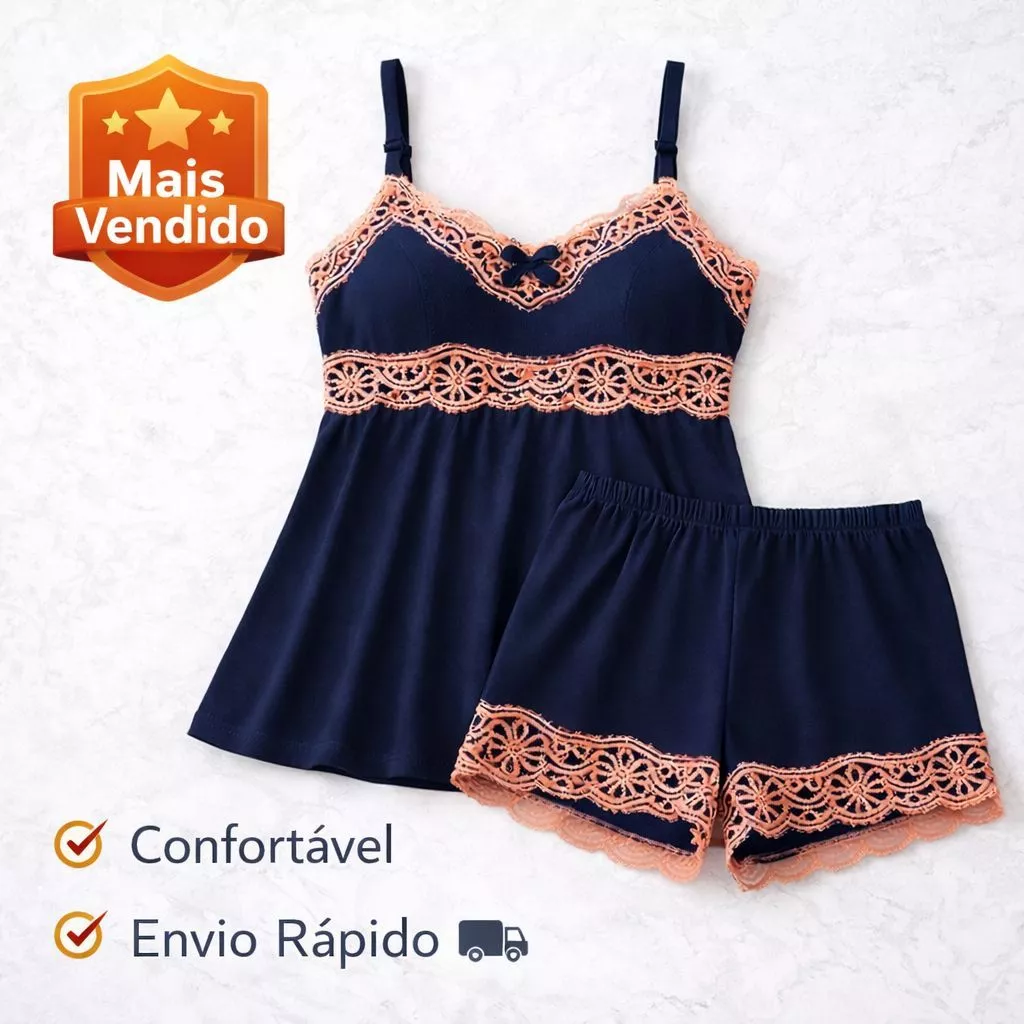 Conjunto de Dormir Baby Doll de Renda Pijama Liganete Short Doll Feminino
