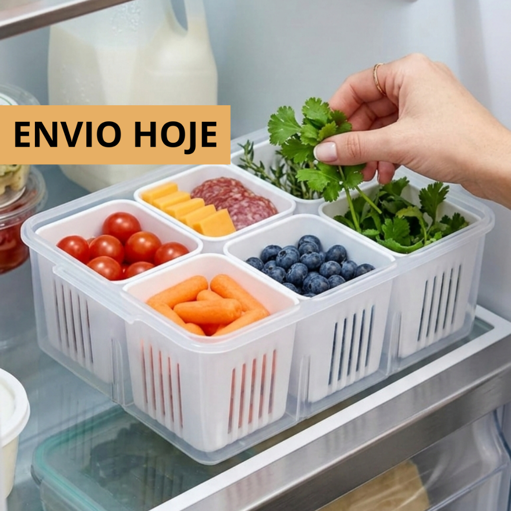 Pote Hermético C/6 Divisórias Transparente Cesto Organizador Geladeira Conservação De Alimentos