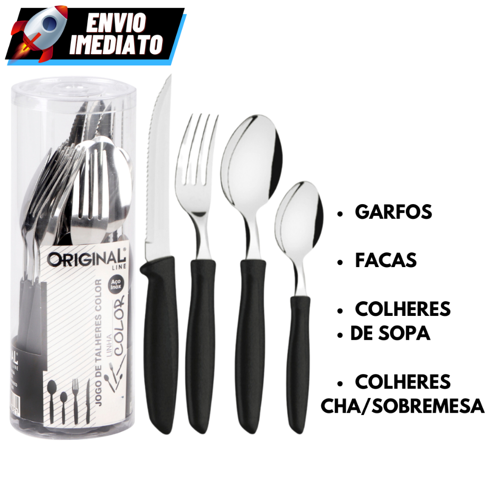 Kit 16/24/48 Talheres Preto Inox Premium Cabo Plástico Faca  Garfo  Colher Colher Sobremesa/Cha em Oferta na Shopee