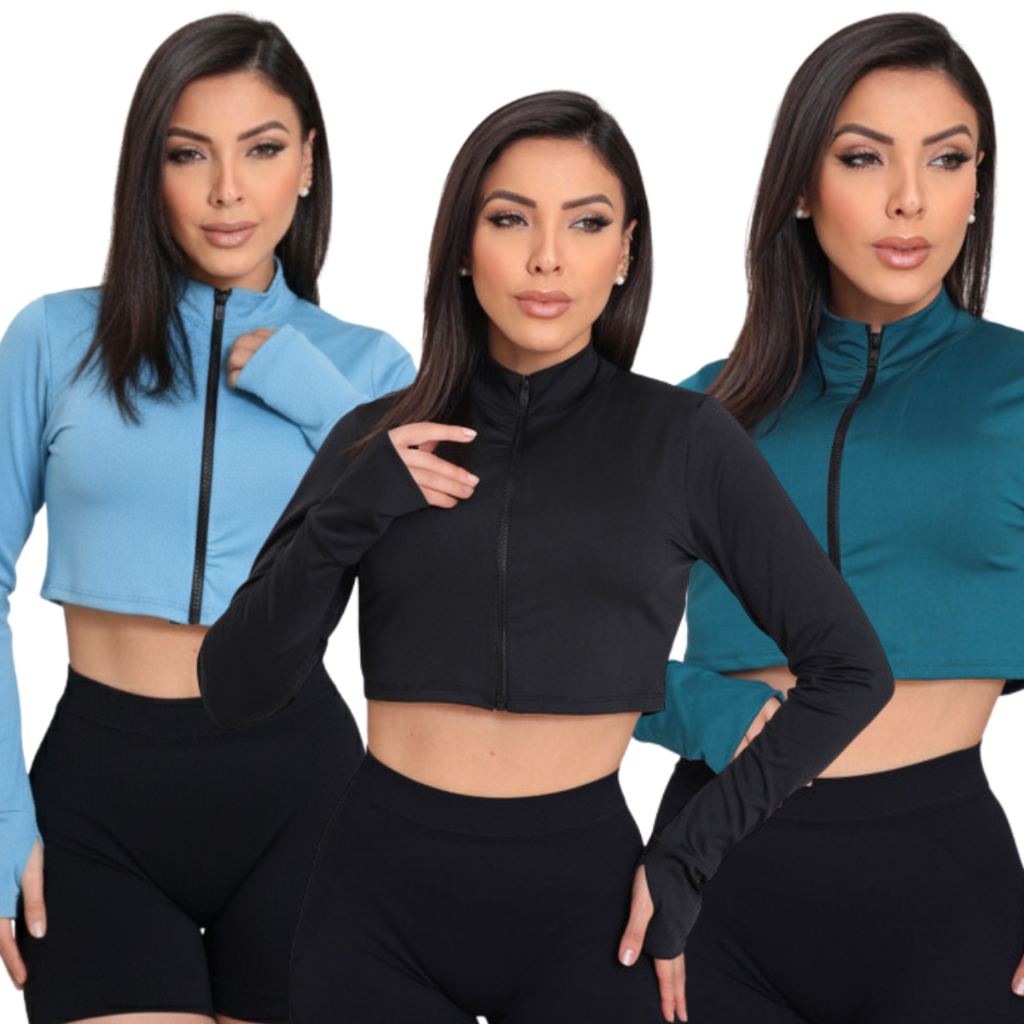 Cropped Manga Longa Casaquinho Feminino Proteção Solar UV FPS 50+ Com Zíper Corta Vento Impermeável Academia