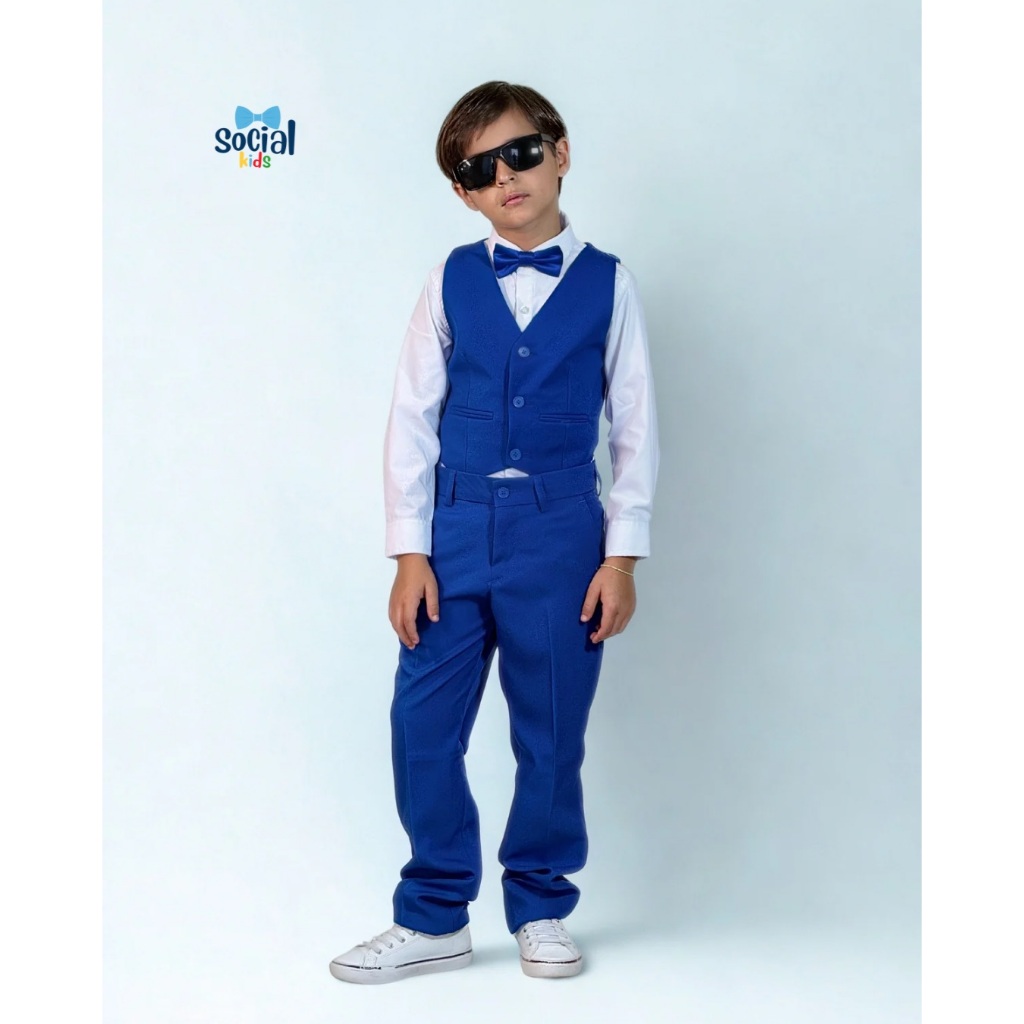 Colete + Calça Social Kids Tecido Microfibra Cor Azul Royal 04 ao 16
