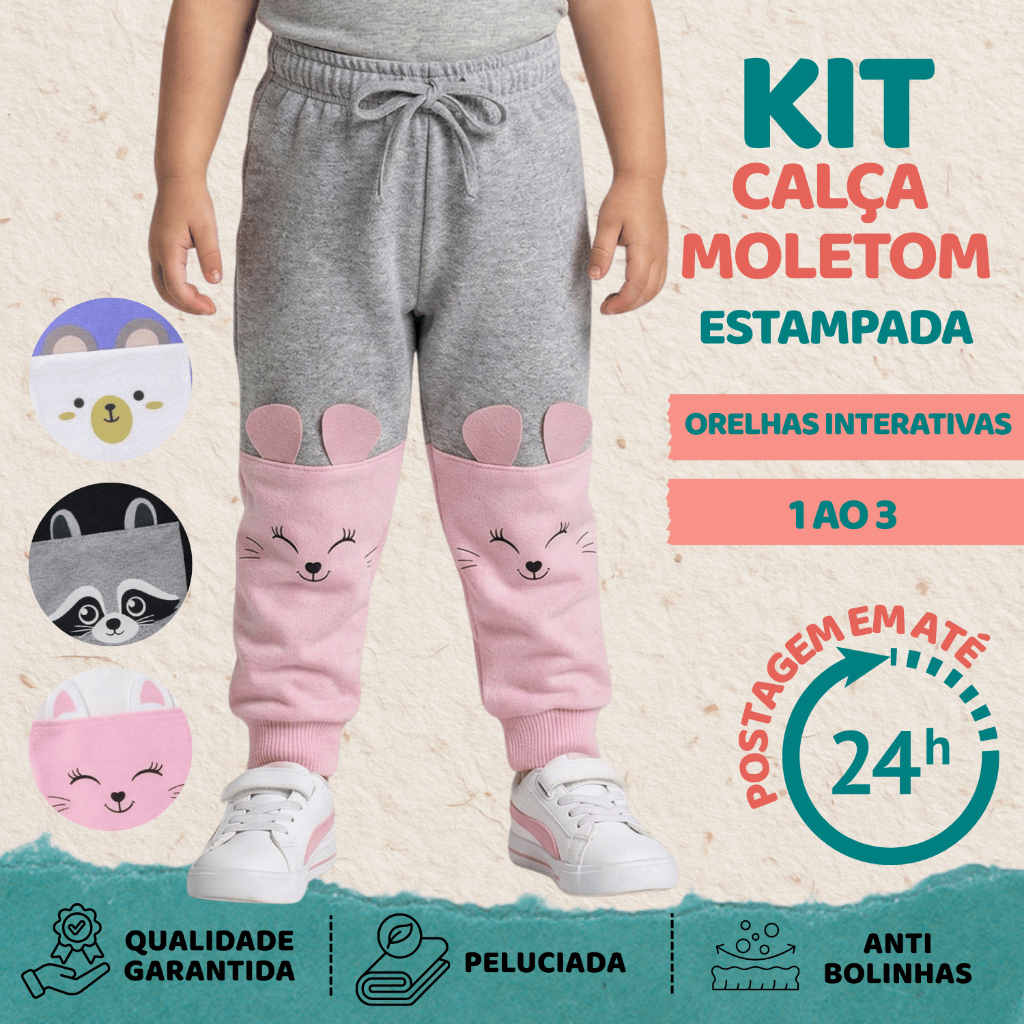 Kit 3 Calças De Moletom Feminina Estampa Interativa Tamanho 1 Ao 3 Anos | Moletom Peluciado Inverno