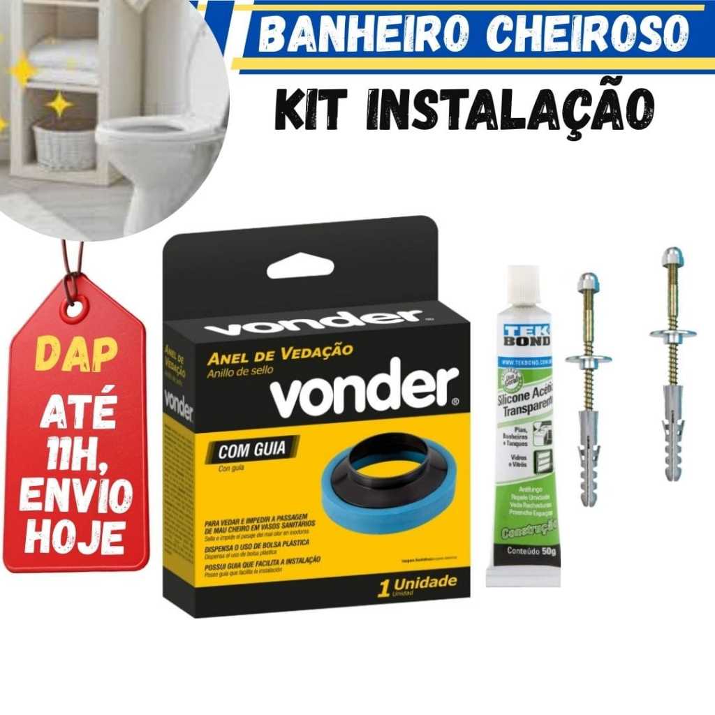 Anel de Vedação para Vaso Sanitário com Guia Vonder + 2 Parafusos Bucha 10mm + Silicone.Kit Completo