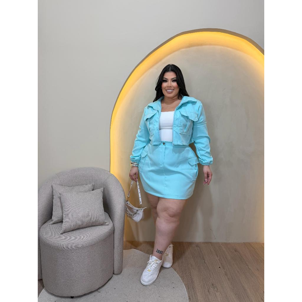 Conjunto plus size saia e jaqueta cargo estiloso confortavel