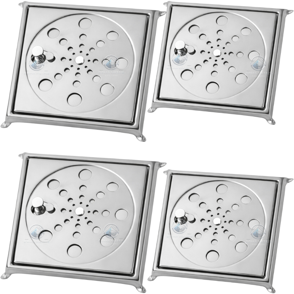 Kit 4 Ralo Inox 10x10 Completo Grelha Com Caixilho Cromado Para Banheiro Piso Lavanderia