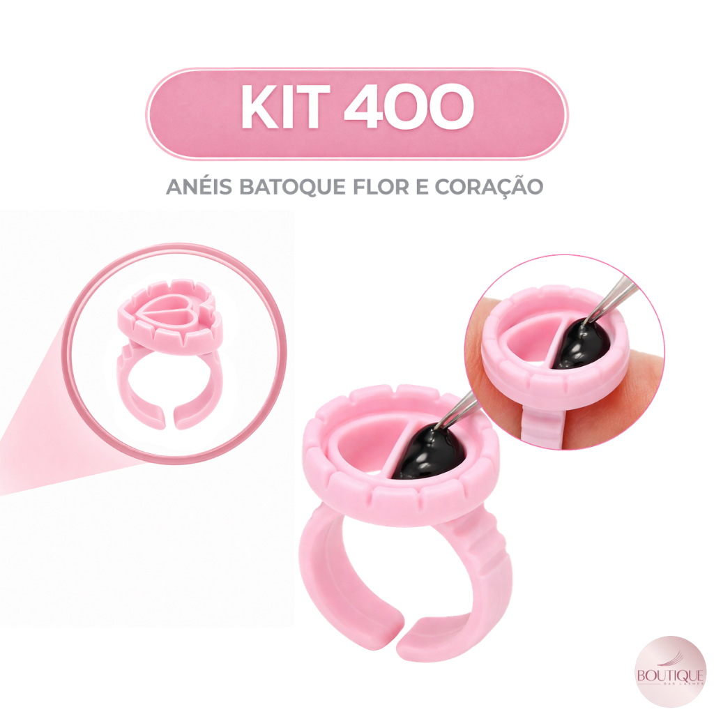 Kit até 400 Anel Batoque Coração e Flor com Divisória para Extensão de Cílios