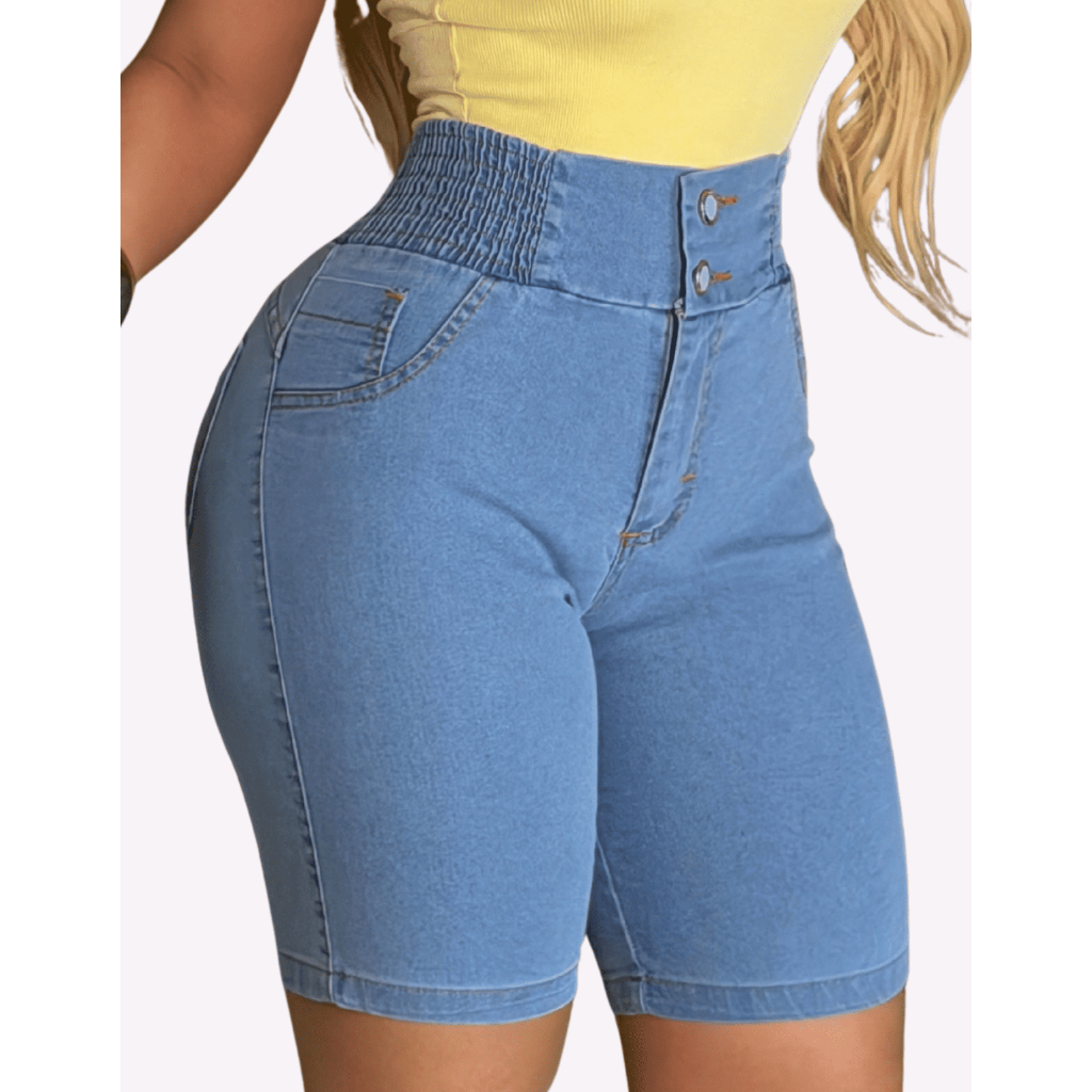 Bermuda Boyfriend Short Pedal Jeans Feminina Cós Alto com Lycra Elastano Até o Joelho