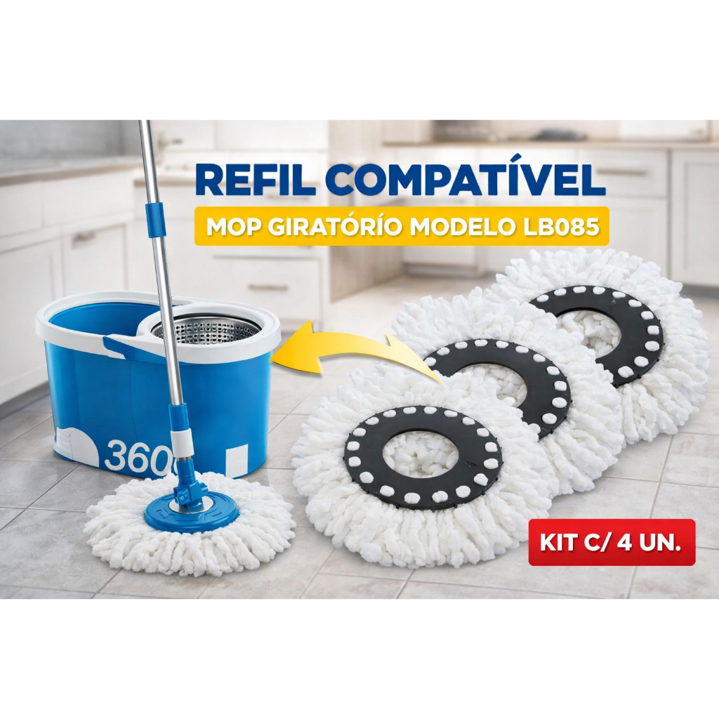 Kit 4 Refil Mop Giratório Microfibra LB085 Esfregão Mop 360 Limpeza Piso Universal