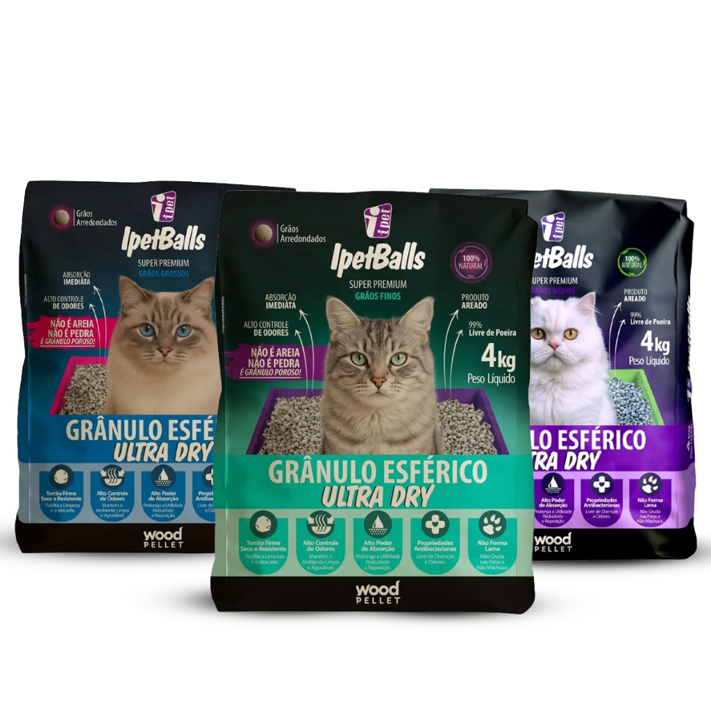 Areia Para Gatos Ultra Dry 4KG Grãos Esférico Finos/Médiso/Grossos Ipetballs