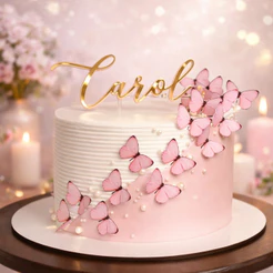 Topo de Bolo Borboletas 3D Personalizado Nome | Topper Aniversário Feminino Elegante
