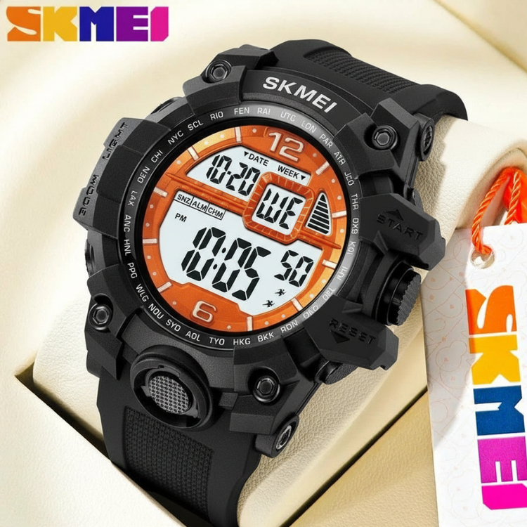 Relógio Masculino Skmei Digital 2245 Preto Laranja, Original, Resistente a Agua 5atm, com Timer, 1 Ano de Garantia