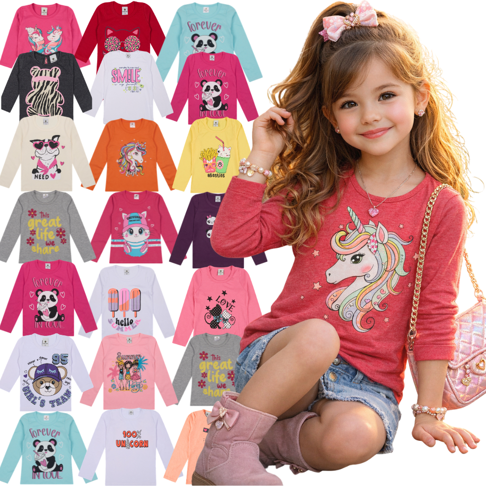 Blusa Manga Comprida Infantil Menina 100% Algodão do Tamanho 1 ao 10 Anos - Blusa Manga Longa Infantil Menina Sortida