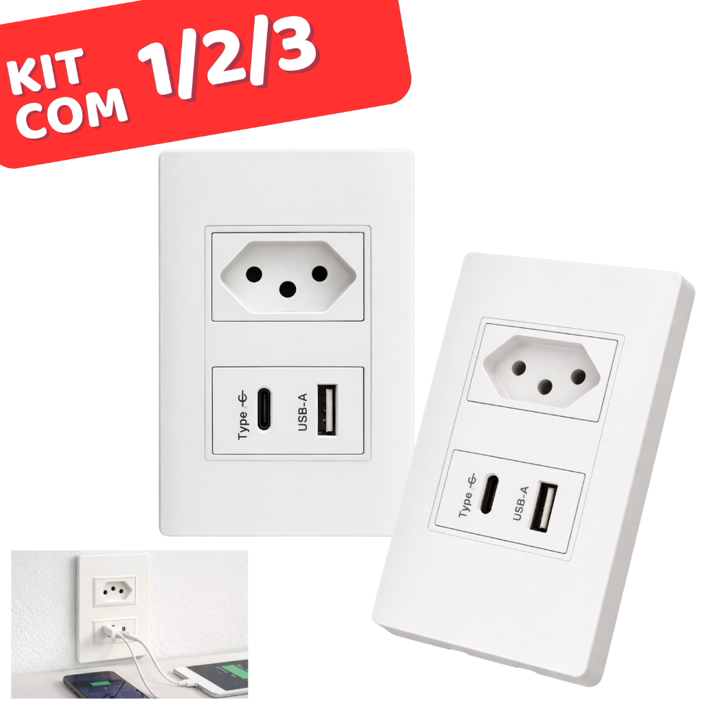 Kit 1/2/3 Tomada de Parede Dupla Com Entrada Usb e tipo C 5V Bivolt 3 em 1 Carregamento Rápido Multi