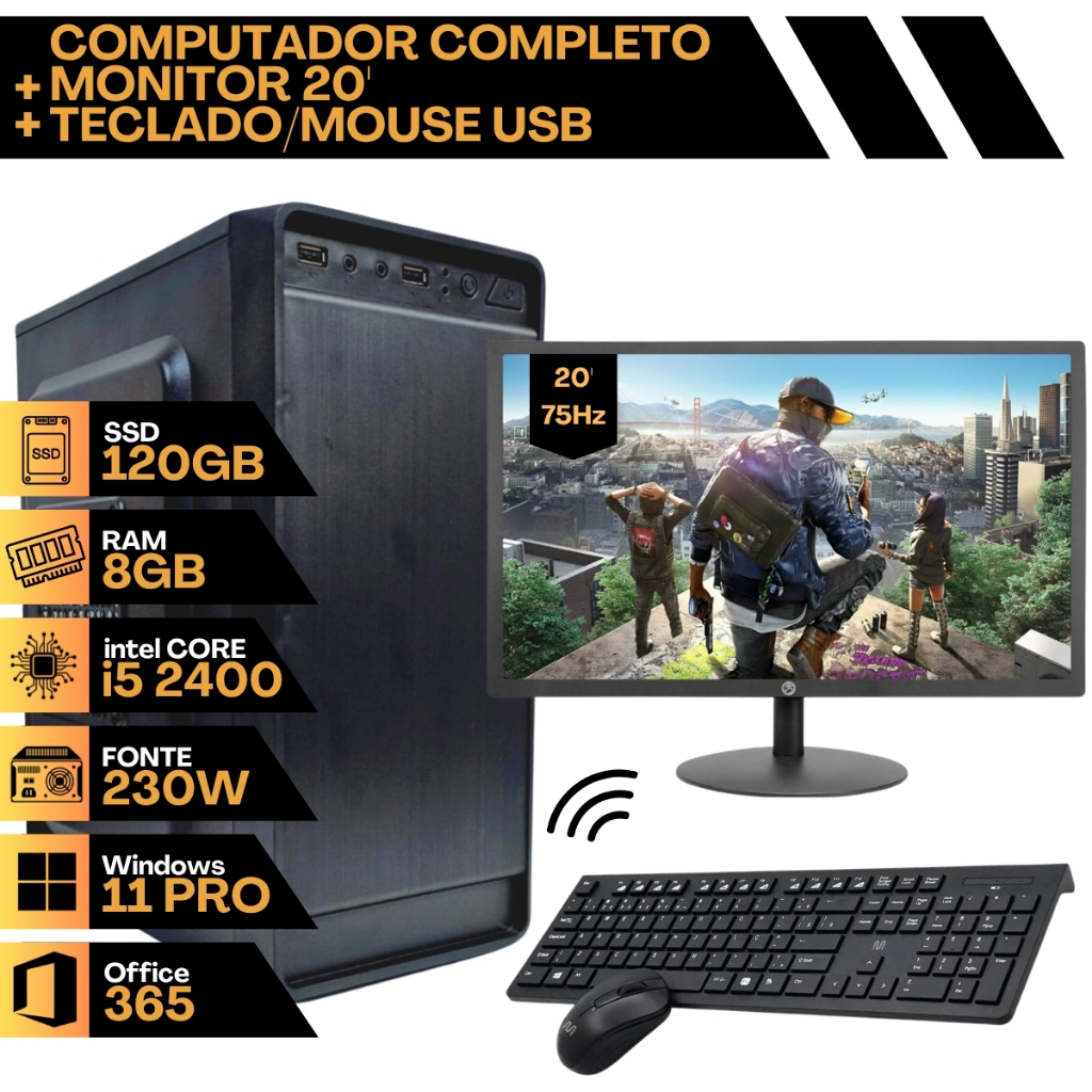 PC Computador Completo - Processador i5 2400, Ssd 120Gb, Memória DDR3 8Gb RAM, Monitor 20' 75Hz