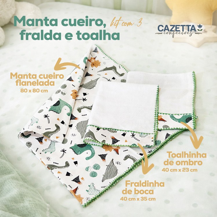 Kit Manta Cueiro Flanelada com Toalhinha de Ombro e Fraldinha de Boca - 3 peças