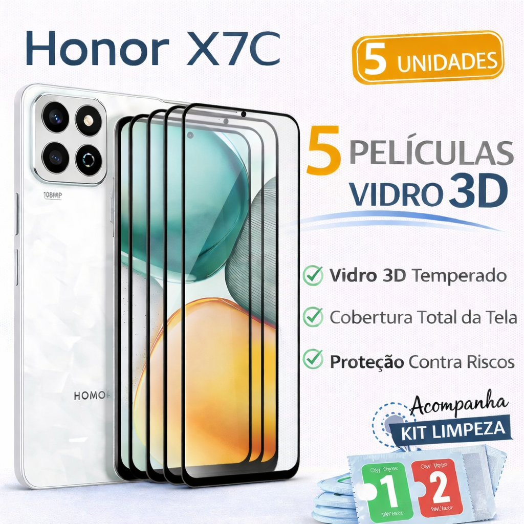 Kit 5 Películas de Vidro 3D Para Honor X7C + Kit Limpeza