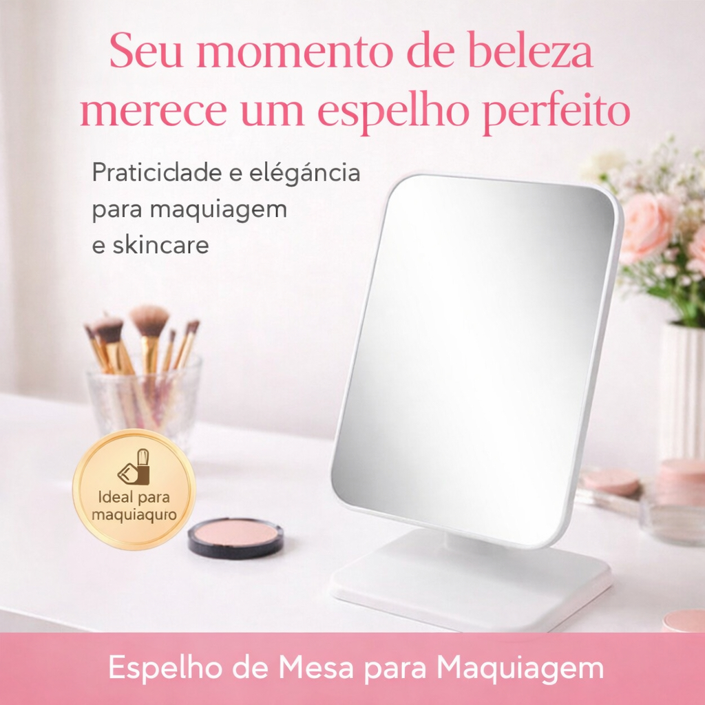 Espelho de Mesa para Maquiagem Retangular com Base Penteadeira Skincare Beleza Rosa ou Branco