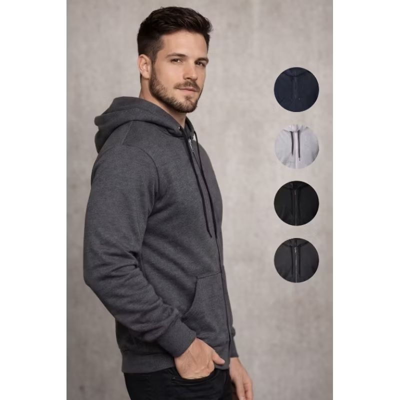 Blusa Moletom Masculino Com Zíper E Capuz Canguru Flanelado Blusa De Frio Casaco Liso Premium