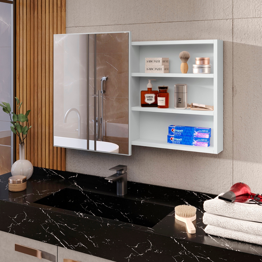 Armário Banheiro 80cm Com Porta De Correr Espelho Espelheira Astral