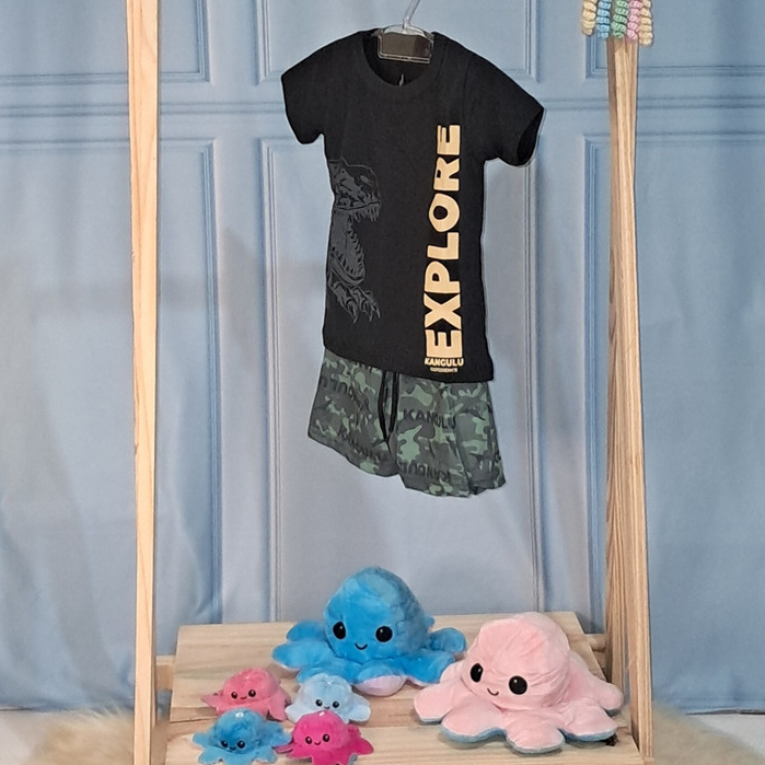 Conjunto Infantil Menino Verão Dinossauro Explore Kangulu - Tamanho 1 - Camiseta Algodão + Short Confortável