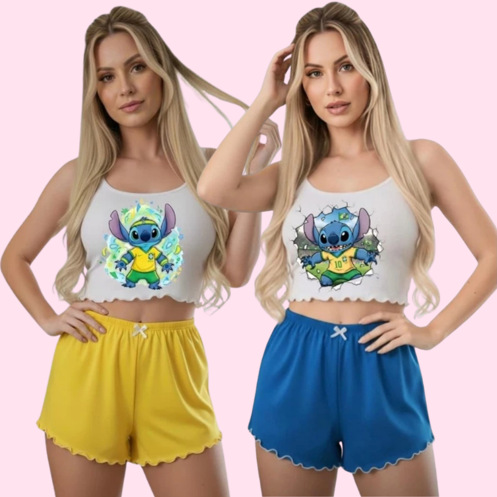 Babydoll Feminino Brasil Suede Conjunto Cropped Short Verão Confortável Copa Pijama Roupa de Dormir