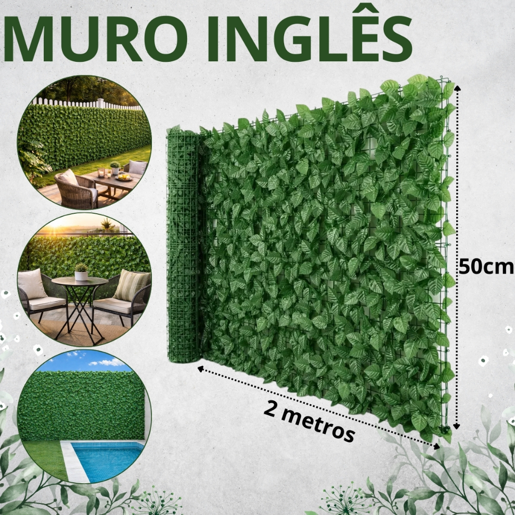 Jardim Artificial Muro Inglês 2x0,5m Folha de Ficus Hera Decoração Interna Externa - Pronta Entrega