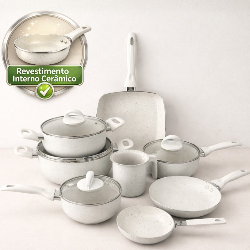 Jogo de Panelas 8 Peças Creme Antiaderente Cerâmica Tampa de Vidro Cozinha Frigideira