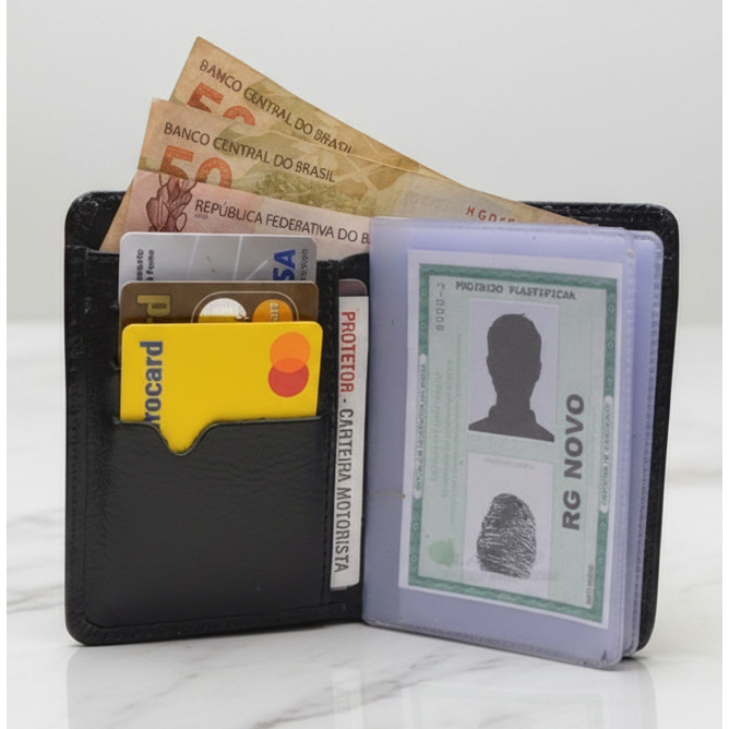 Carteira Vertical Masculina Slim Couro Legítimo Bovino, Porta Documento de Carro, Notas, RG, Cartões
